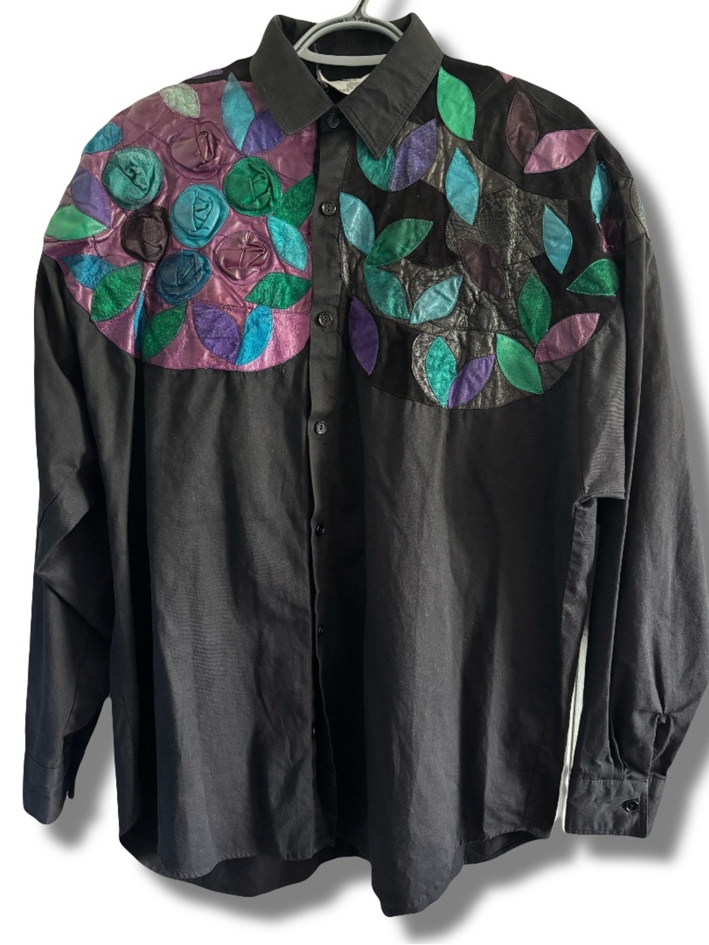 VTG 80s/90s Alan Cherry Floral Embroidered Leather Suede Button Up LS Shirt XL